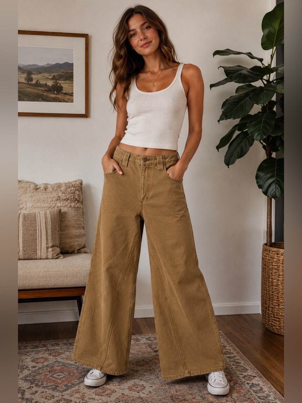We The Free / Free People Chill Vibes Dropped Wide-Leg Jeans Tan - Sz. 28 - NWOT